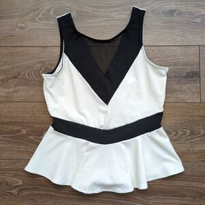 Bebe Peplum Tank Top White Black Colorblock Mesh V-Neck Sleeveless Medium